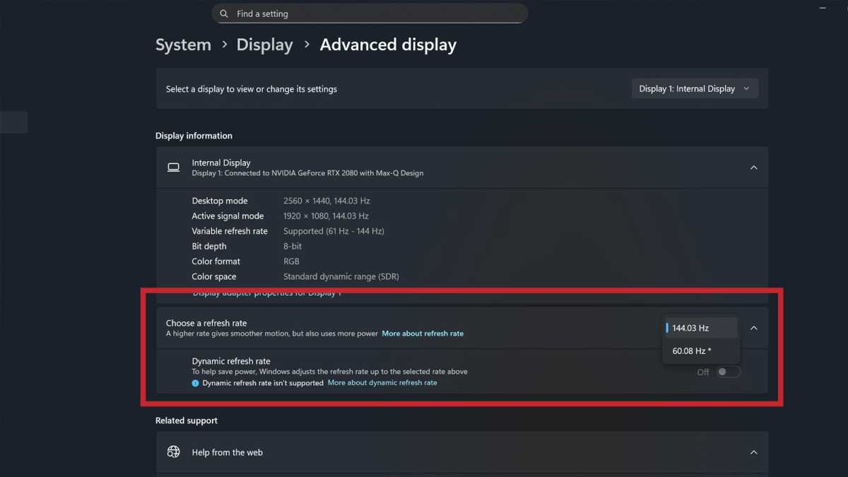 Windows 11 Display Refresh Rate settings