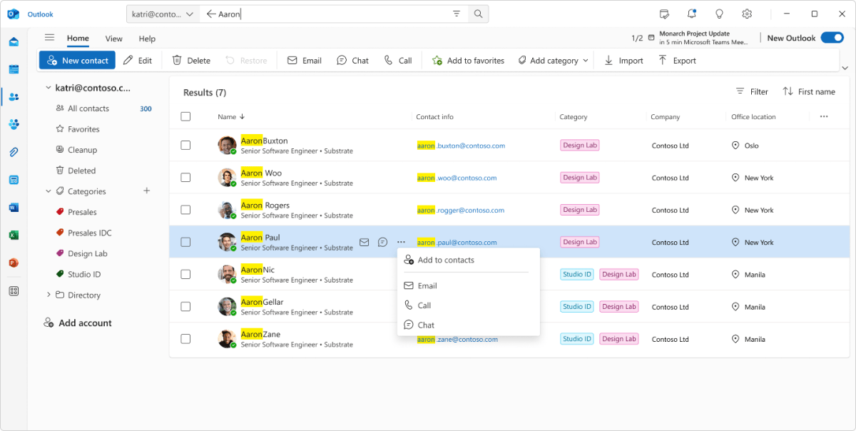 Outlook new contacts view