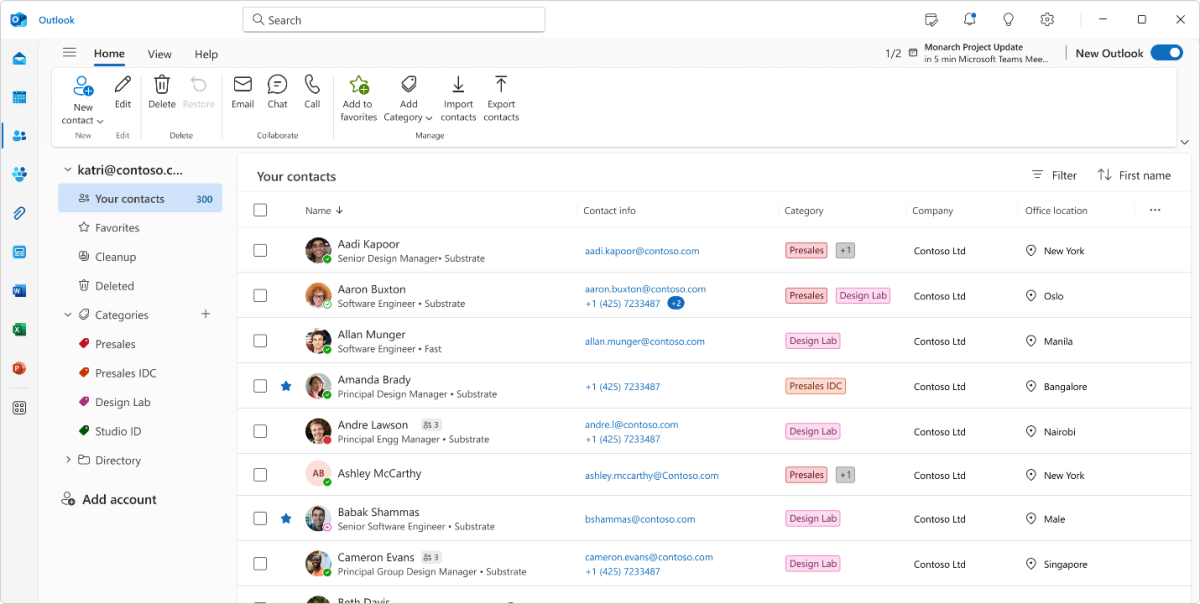 Outlook new contacts view