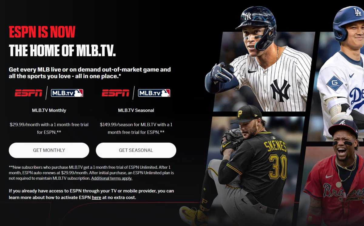 ESPN's MLB.TV sign-up page with mandatory ESPN Unlimited trial