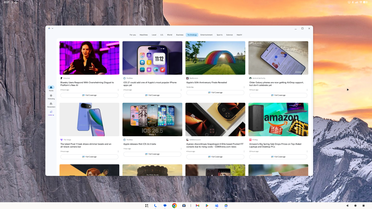 Google News runs as an app, not in a browser