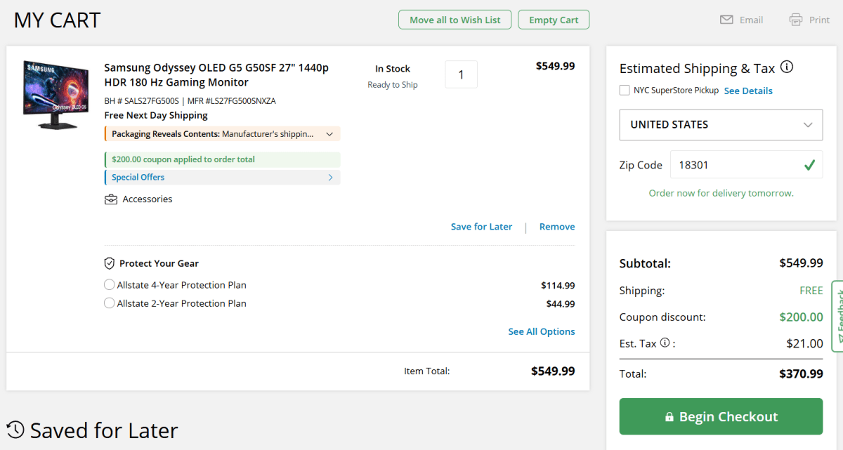 Samsung OLED monitor in B&H online shopping cart