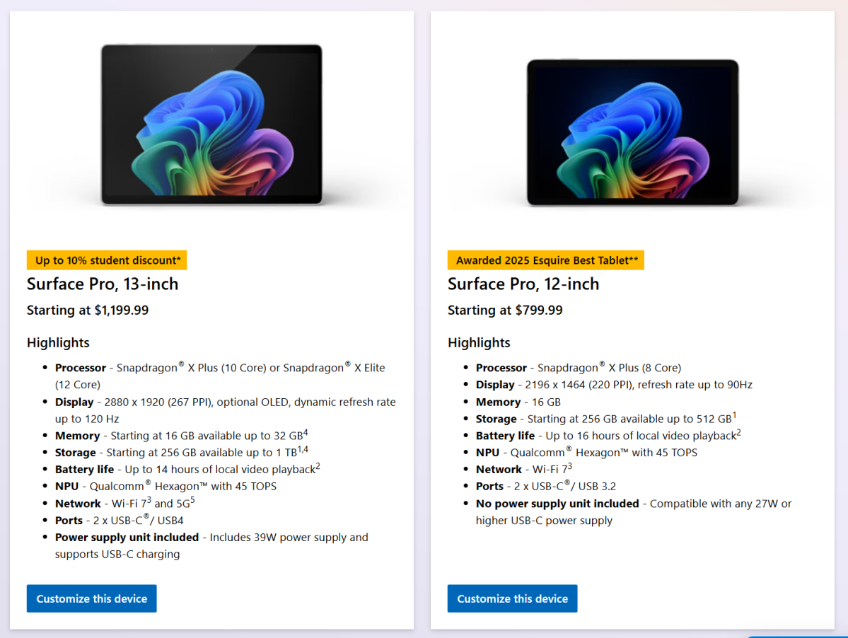 Surface Pro tablet prices
