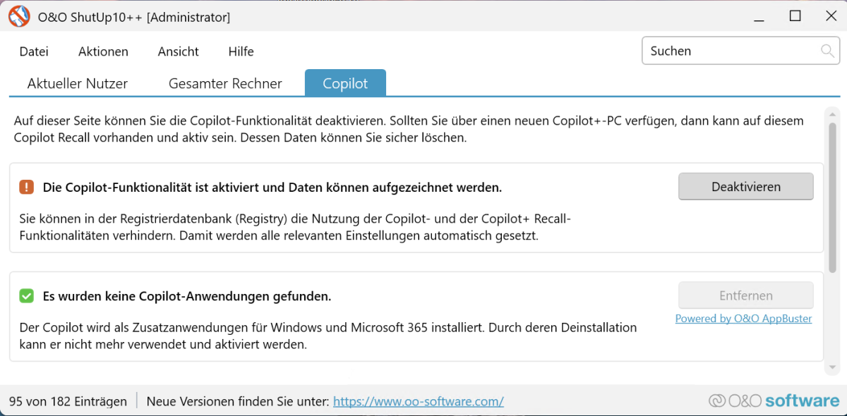 O&O ShutUp10++ kann KI-Funktionen in Windows 11 deaktivieren