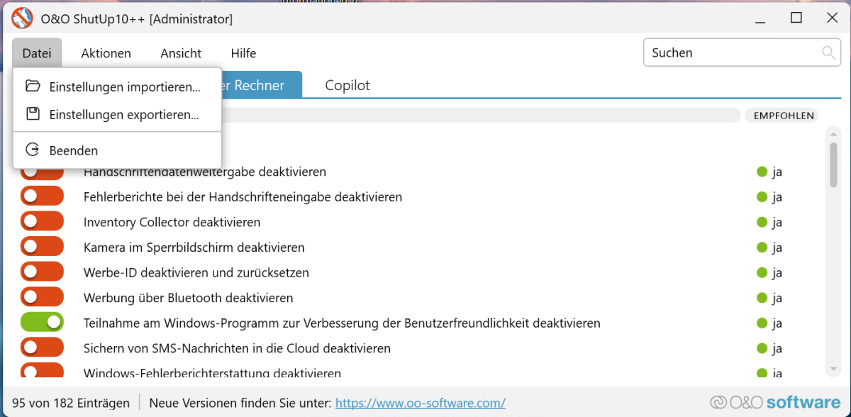 O&O ShutUp10++ kann seine Einstellungen exportieren