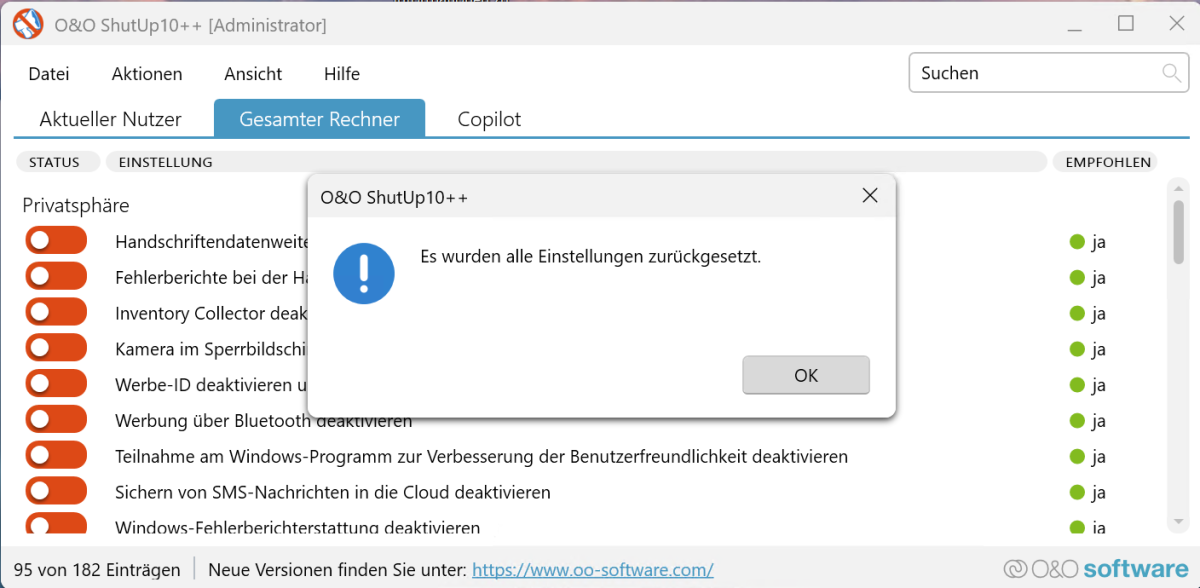 O&O ShutUp10++ kann Änderungen wieder rückgängig machen