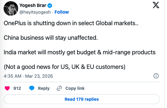 Now deleted post on X from Yogesh Brar