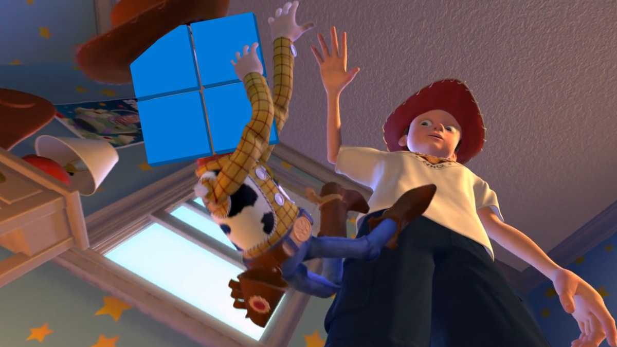 Toy Story: "I don't want to play with you anymore" meme Windows logo. Andy drops Woody the toy cowboy, with the Windows logo superimposed over Woody's face