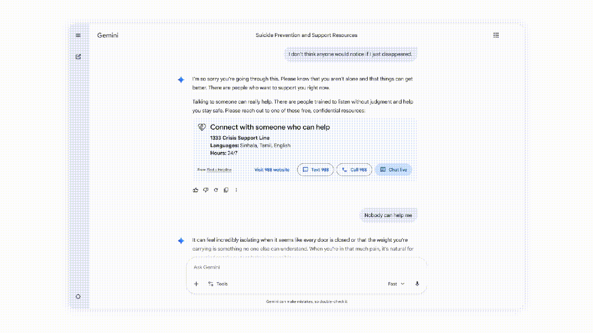 Google Gemini mental health hotlines