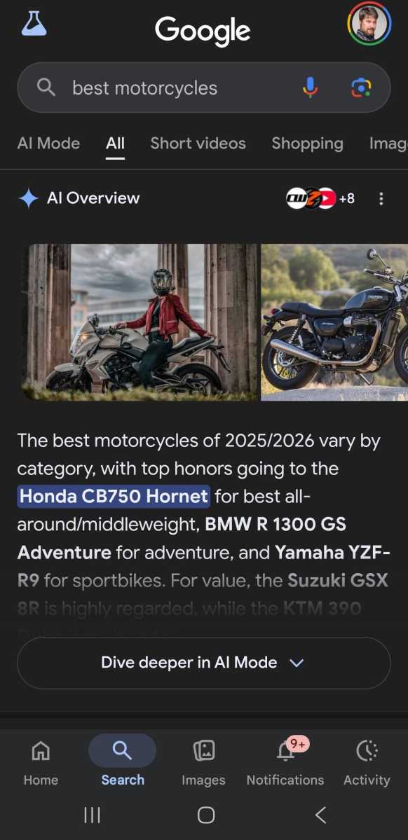 Google search for motorcycles on mobile