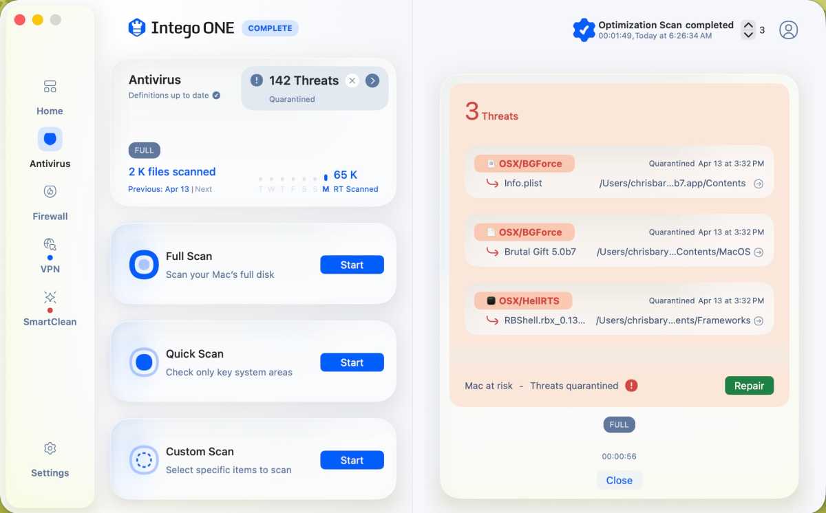 Intego ONE Antivirus scan results