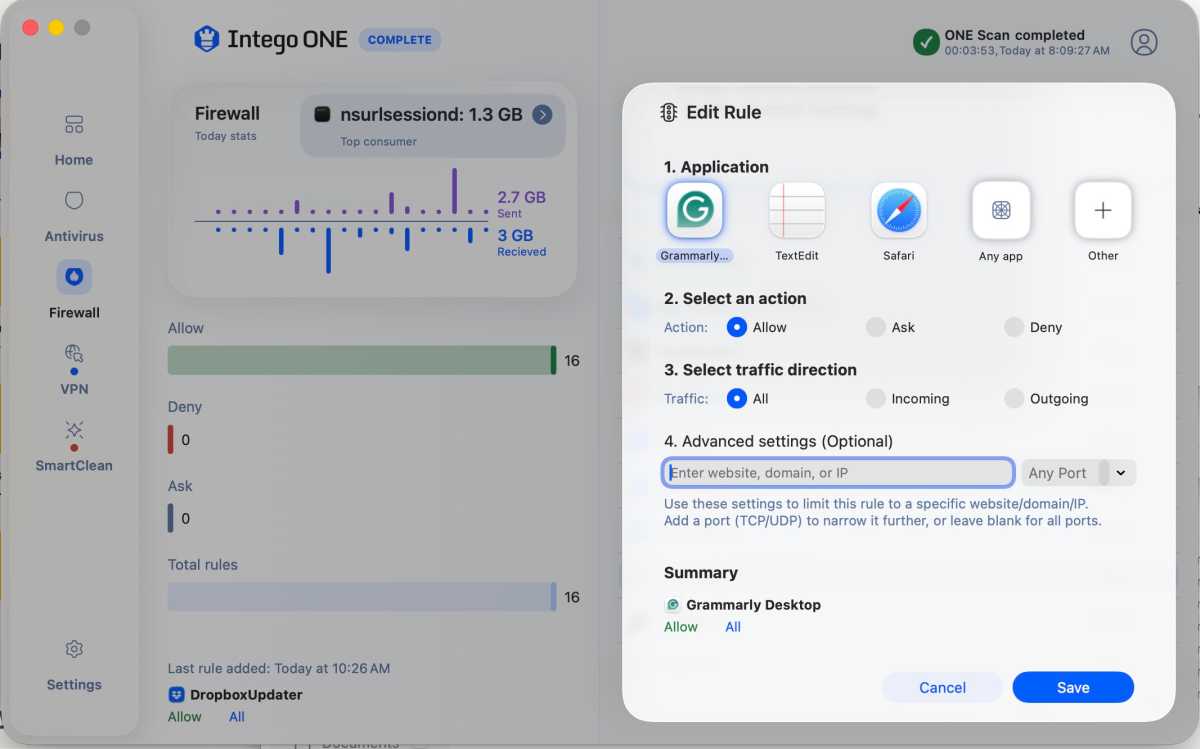 IntegoOne editing a Firewall function and assigning an application