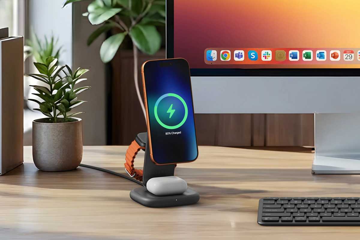 Satechi 3-in-1 Foldable Wireless Charging Stand with Qi2 25W desk