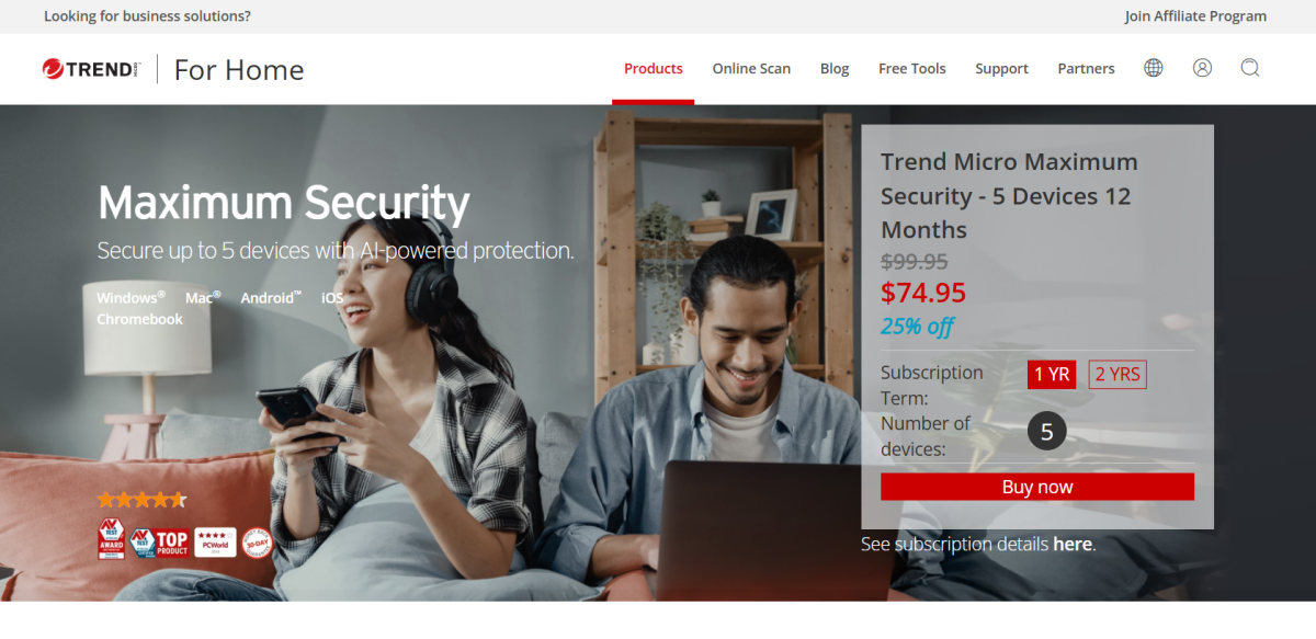 Trend Micro Maximum Security pricing page