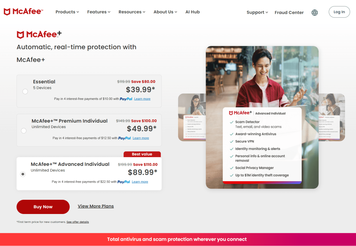 McAfee Total Protection pricing page