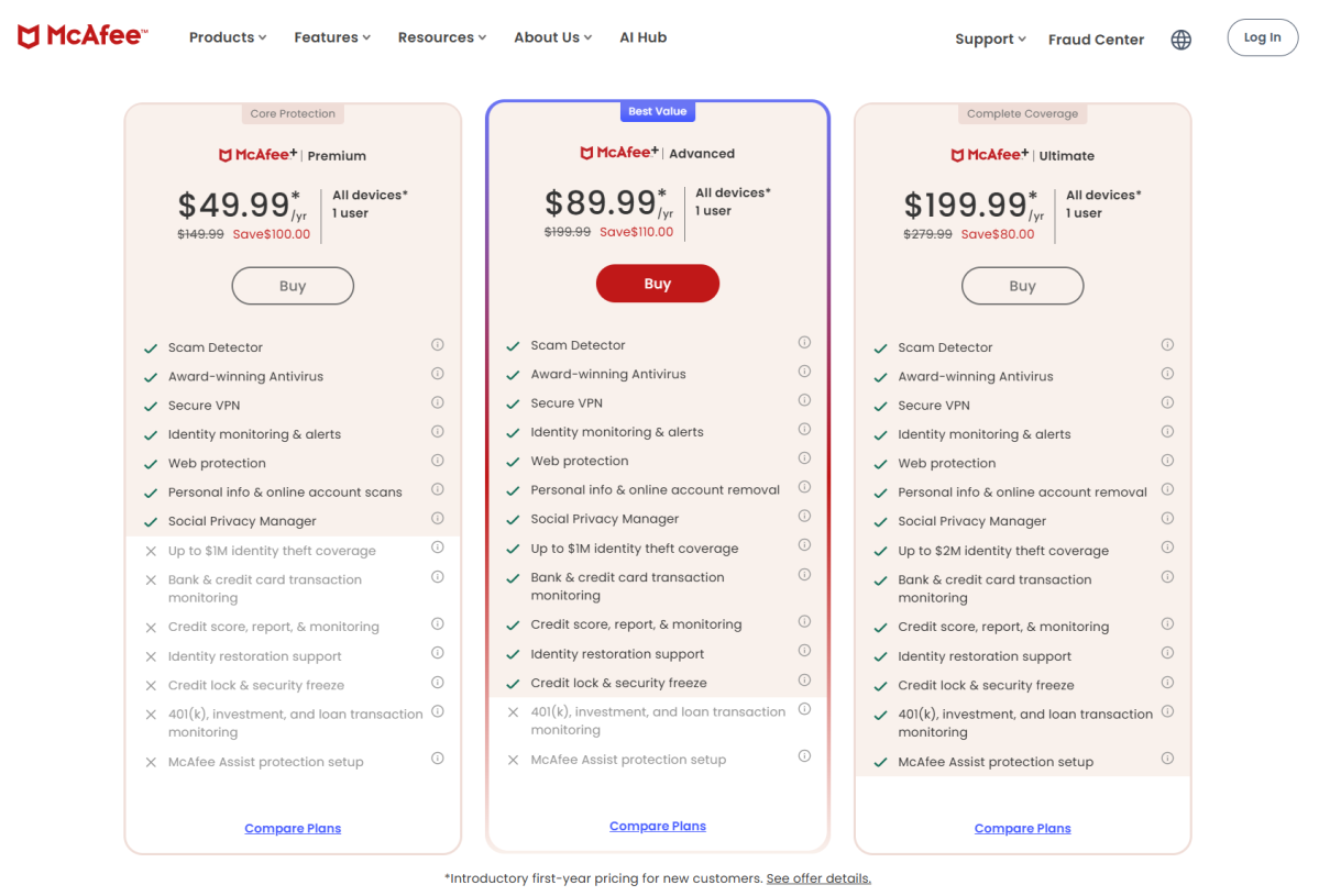 McAfee+ Ultimate pricing page 
