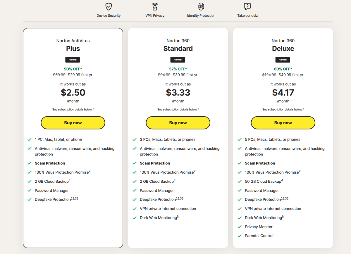 Norton AntiVirus Plus pricing page