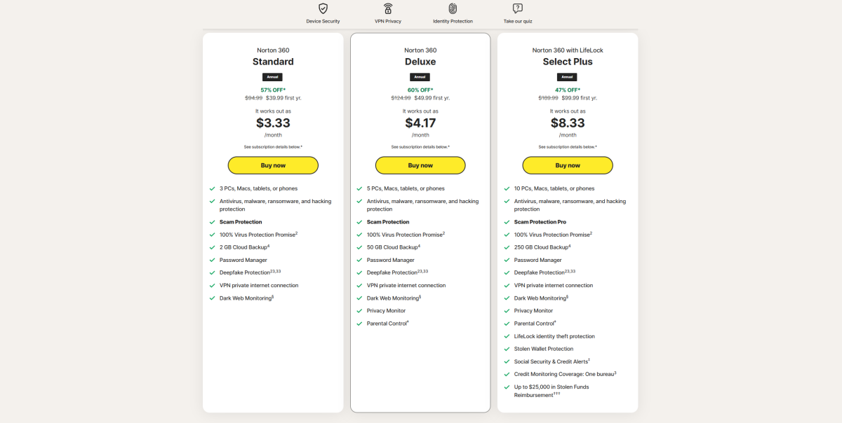 Norton 360 Deluxe pricing page