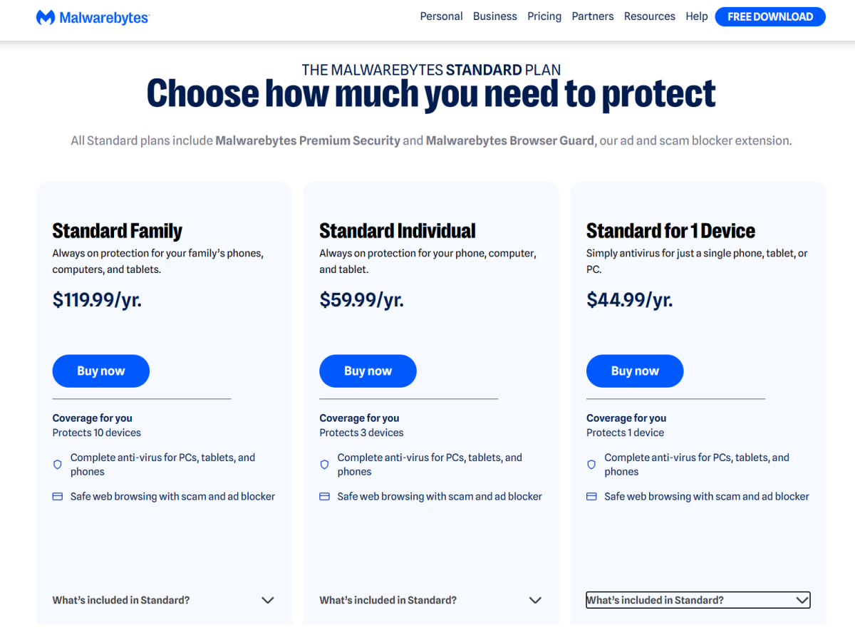 Malwarebytes Premium Security pricing page