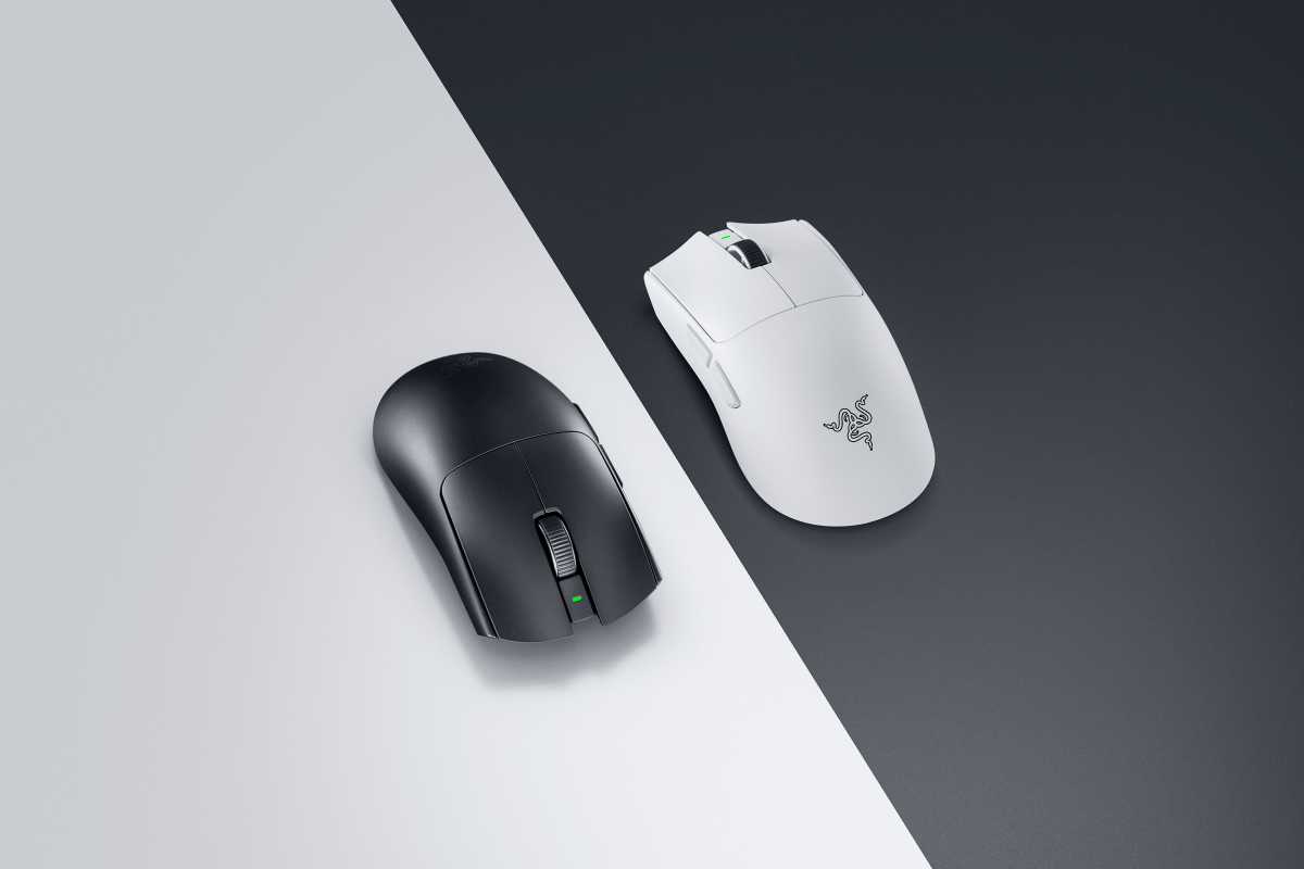 Photo showing the Black and White versions of the Viper V4 Pro mouse.
