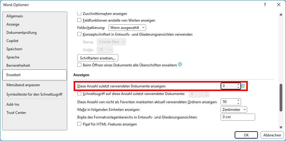 Word: Anzahl verwendeter Dokumente