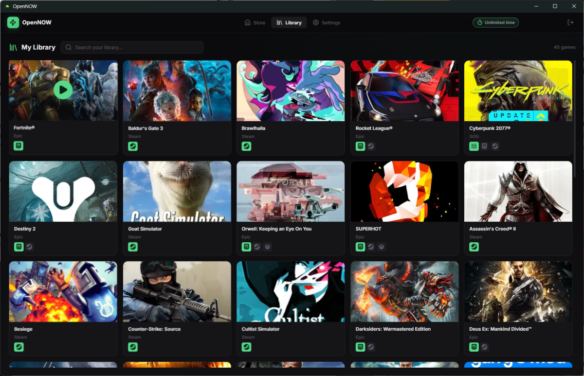 OpenNow browsing interface