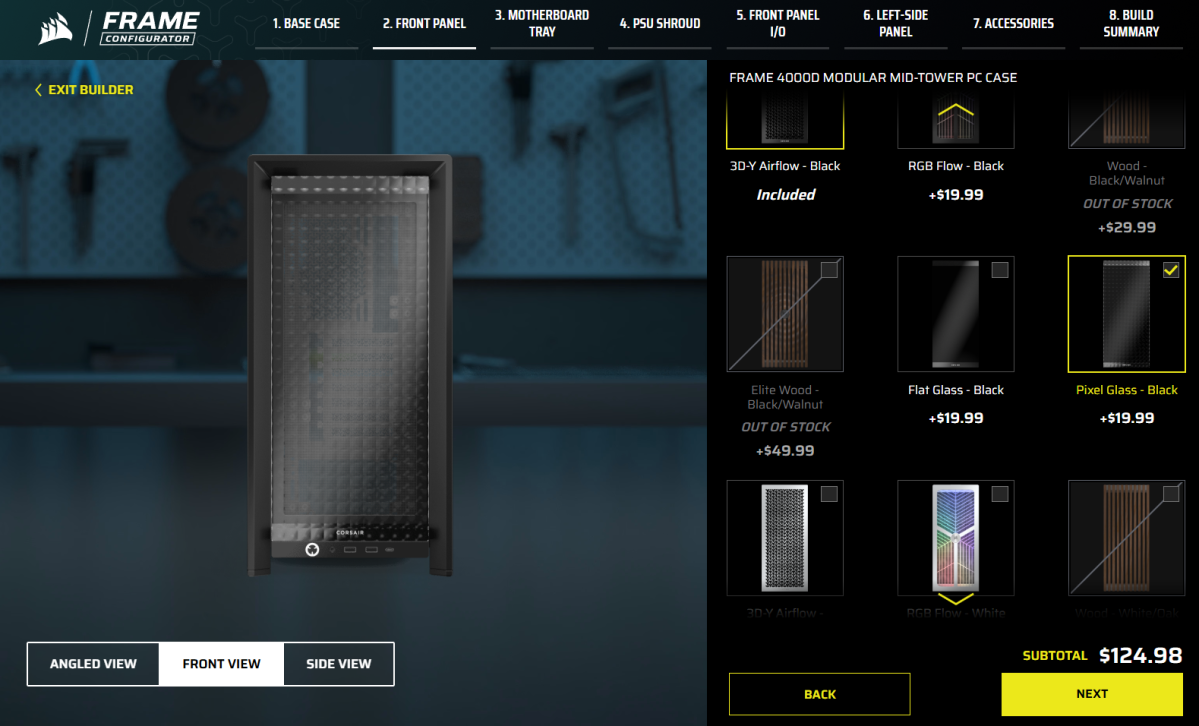 Corsair Frame builder — front panel options