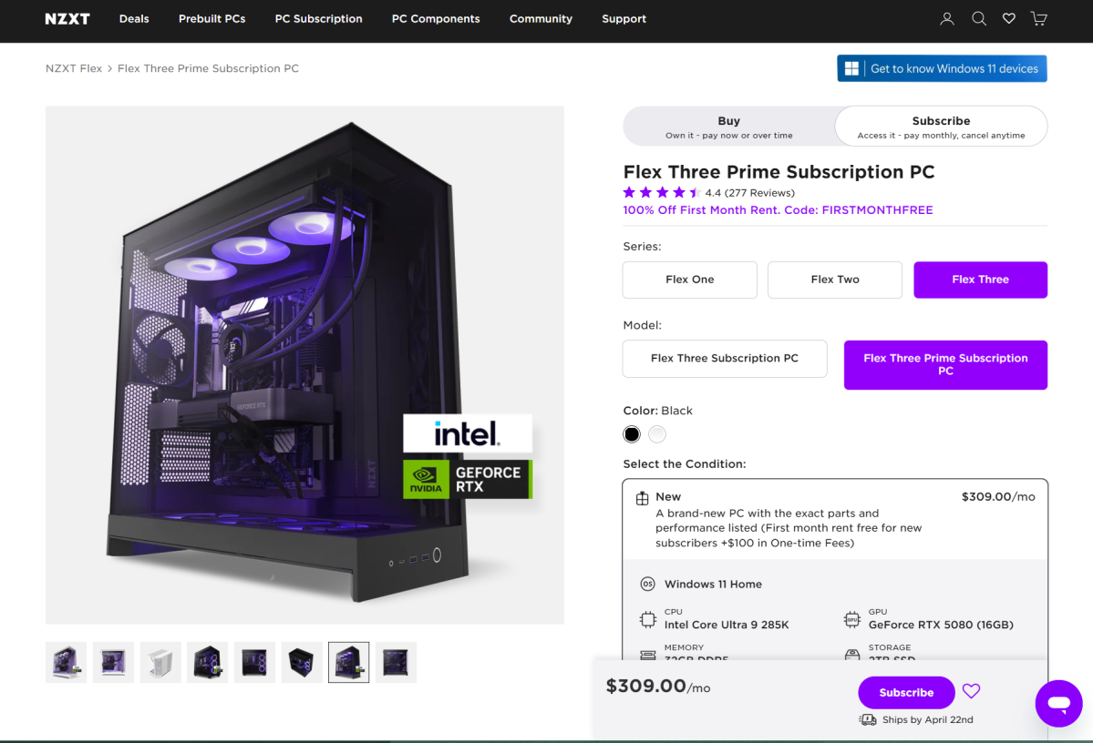 NZXT Flex rental program screenshot