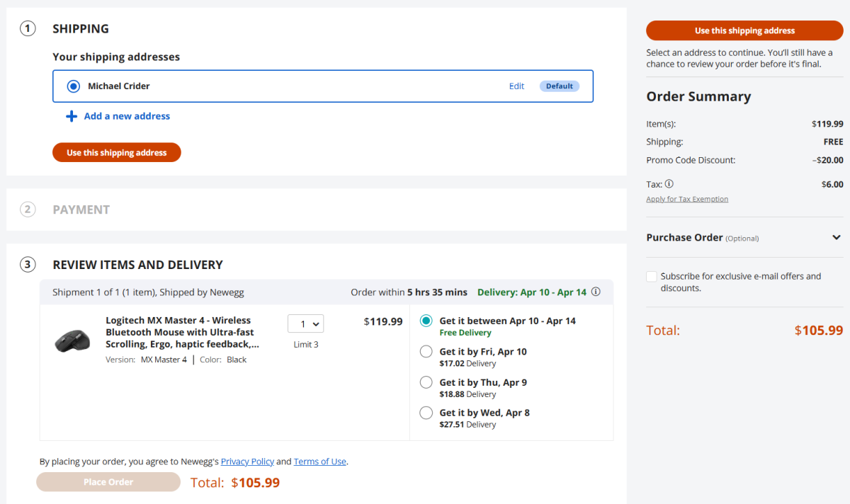 Newegg MX Master 4 order screen