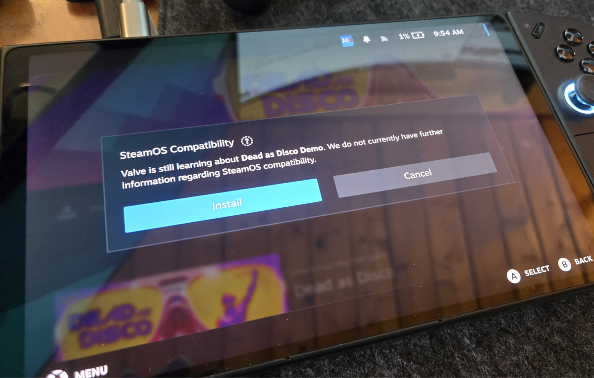 Legion Go running SteamOS, with compatibility warning