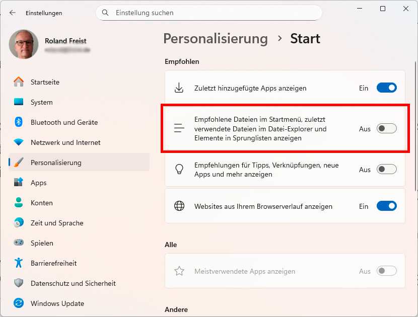 Einstellungen Startmenü