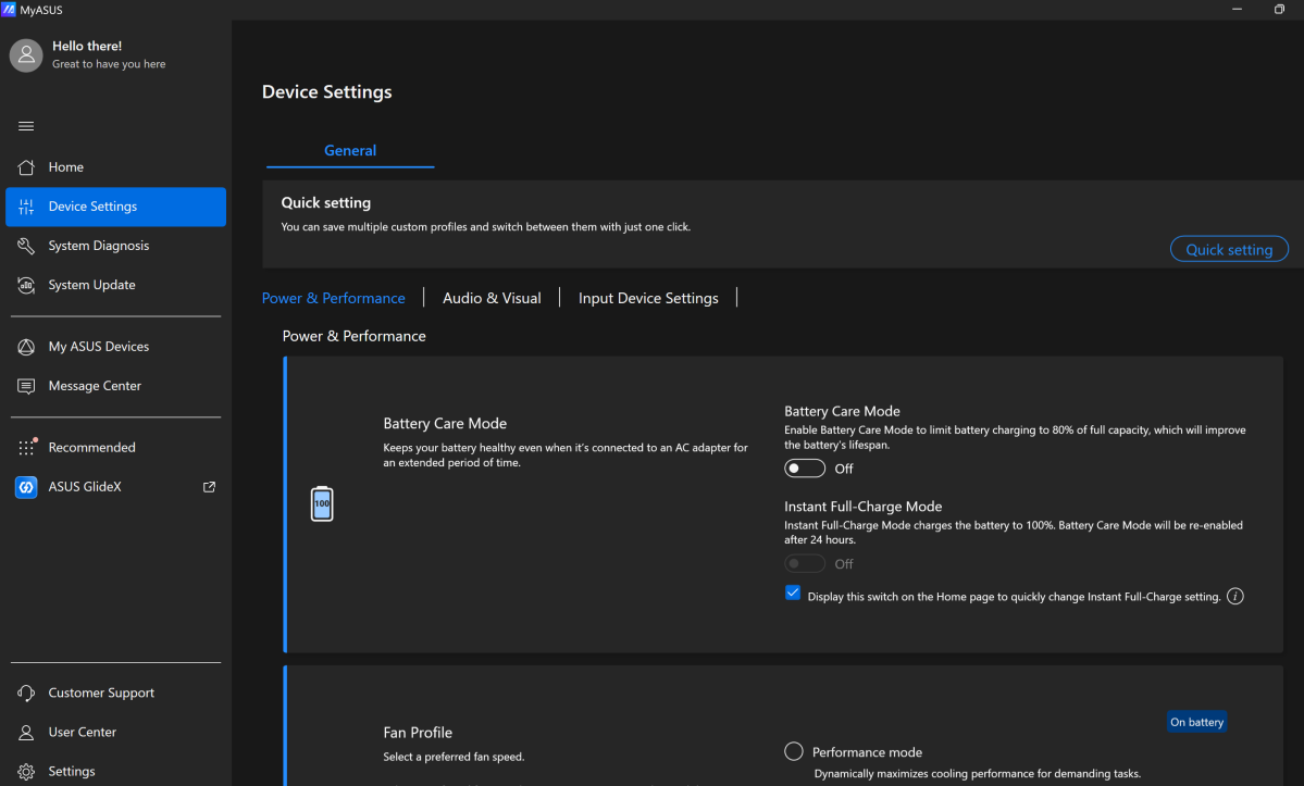 Laptop utility app battery charge setting