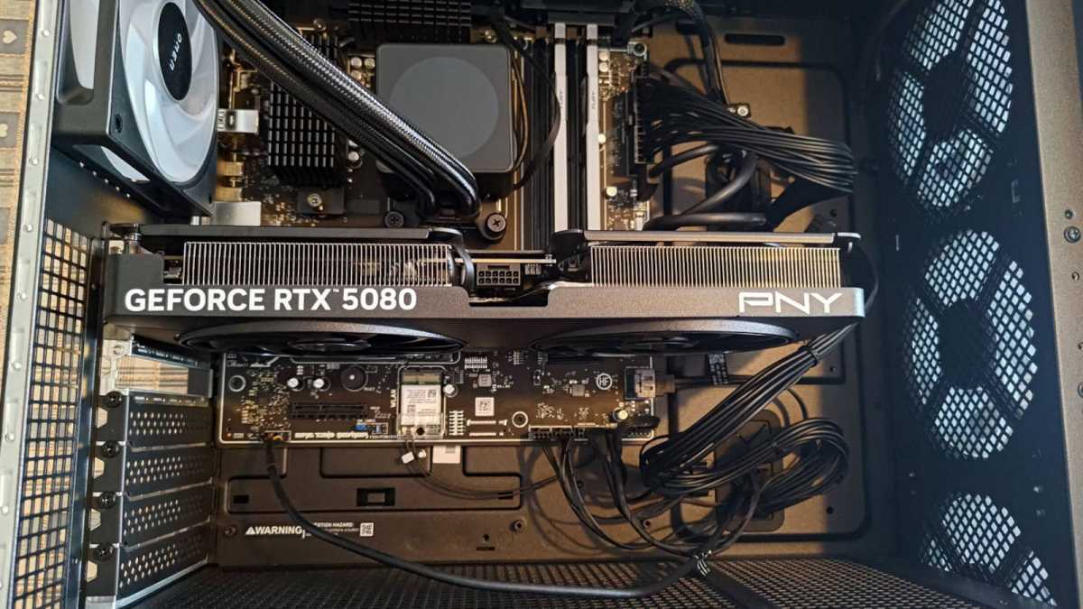 PNY RTX 5080 Slim installed next to motherboard side view
