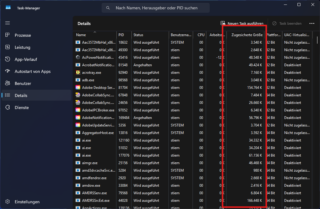 RAM optimal Task Manager ZugesicherteGroesse