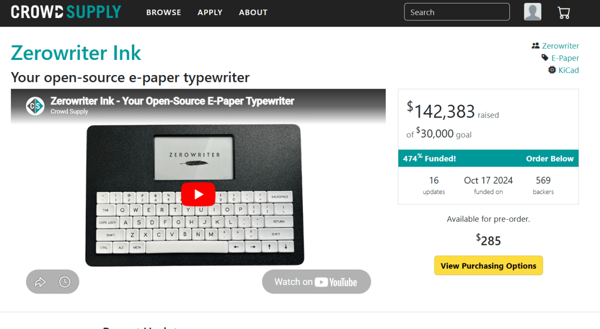 ZeroWriter Ink Crowdsupply page