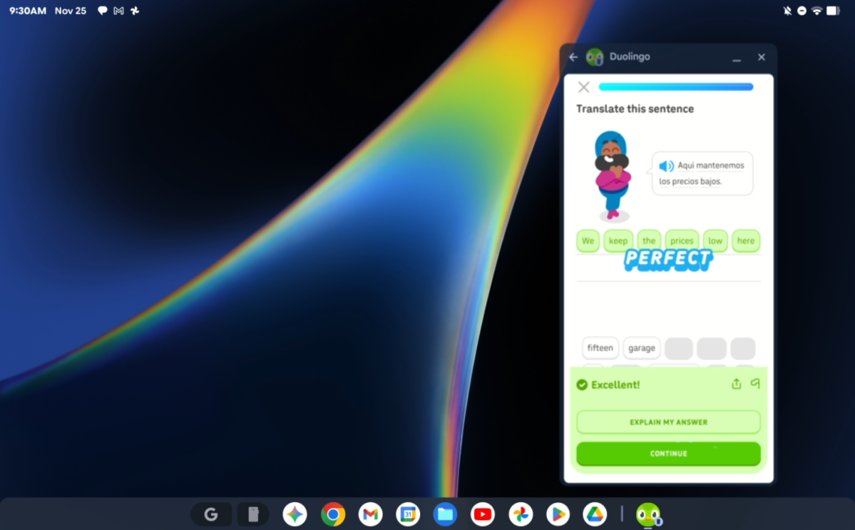 Googlebook running Duolingo cast from a phone
