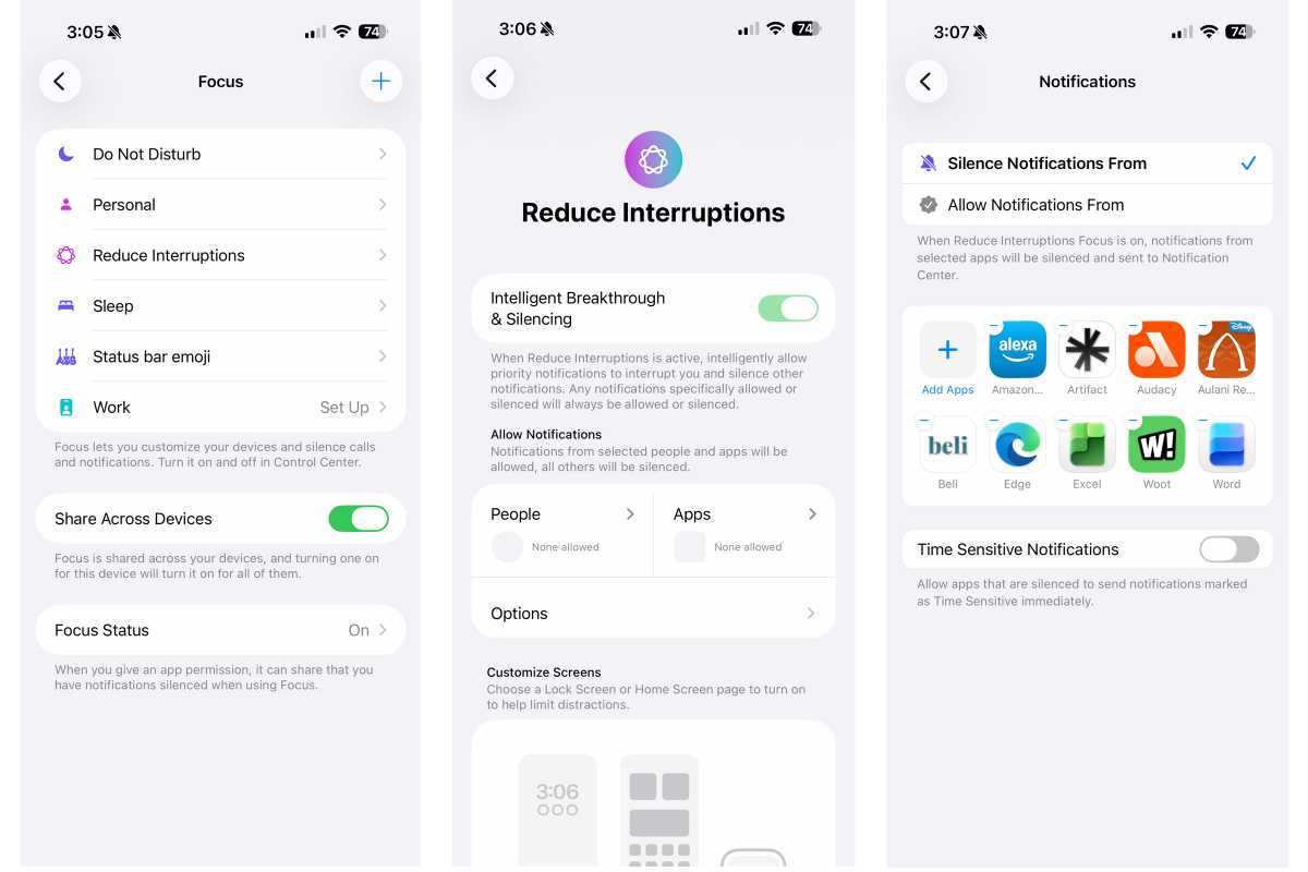iPhone screenshots showing Focus settings