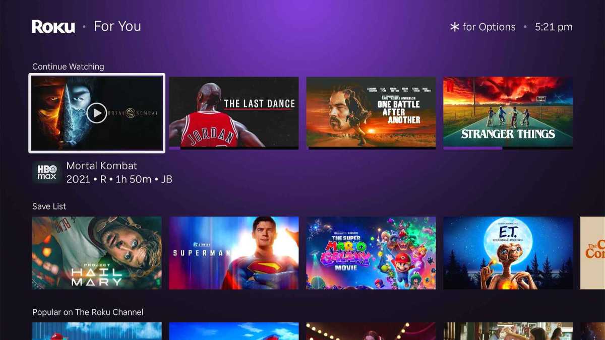 Roku's "For You" menu