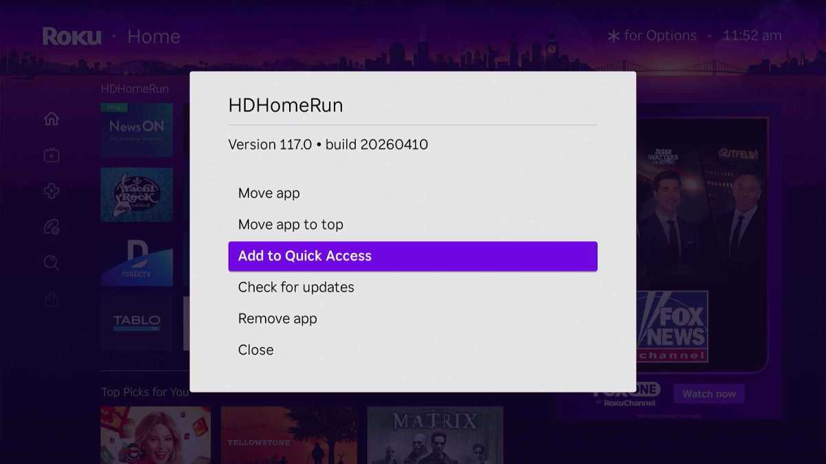 Adding a tile to Roku's Quick Access menu