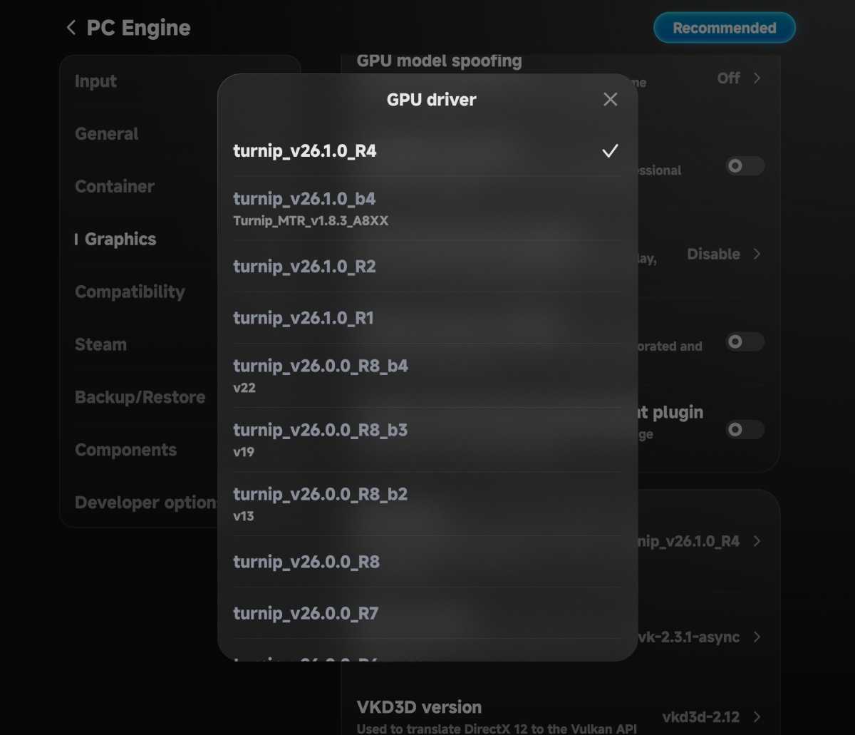 GameHub screenshot, GPU drivers