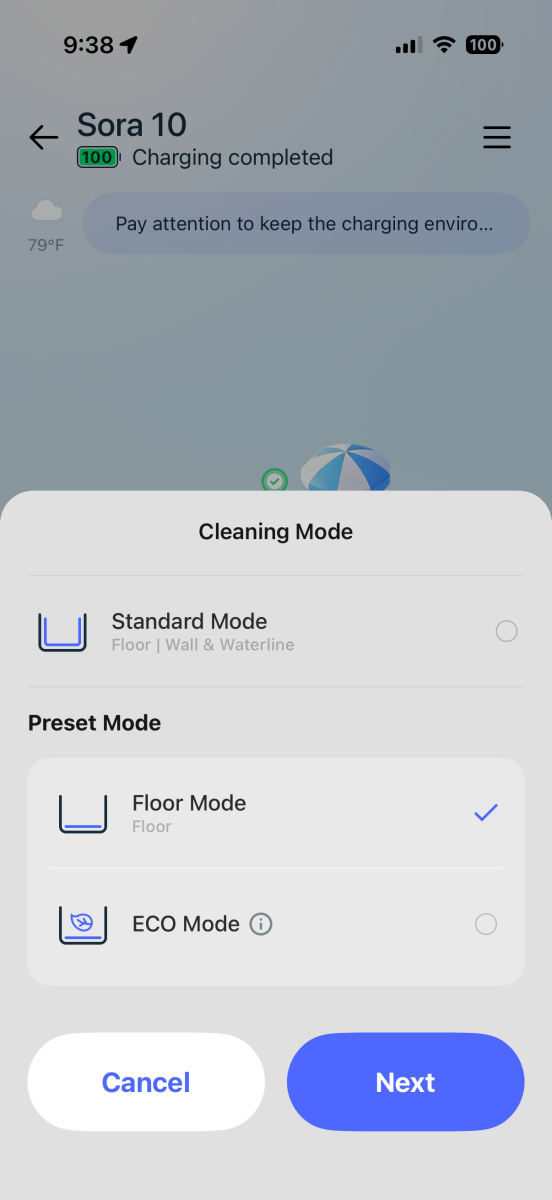 Beatbot Sora 10 app, floor mode/eco mode