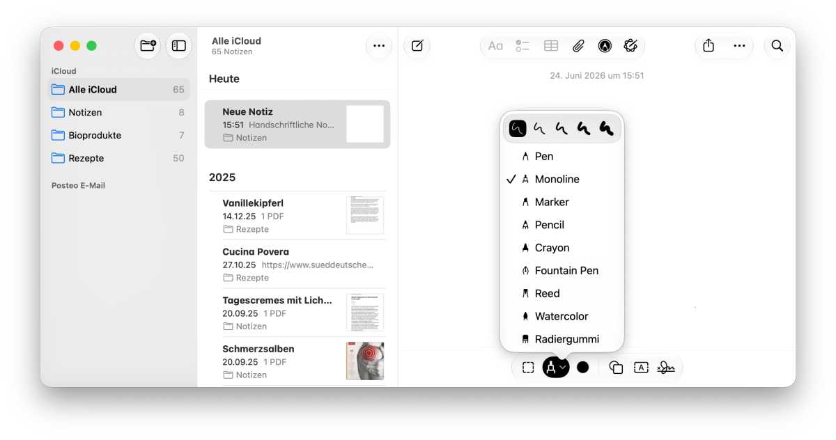 macOS 27 Notizen Zeichenwerkzeuge