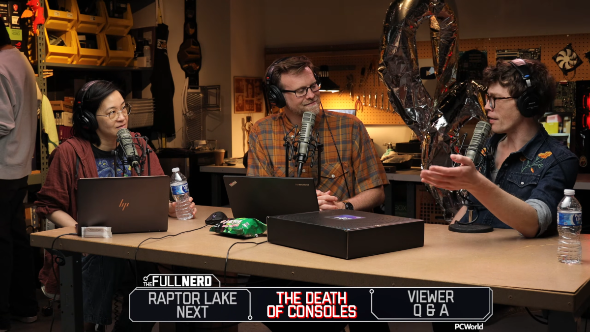 Screenshot of The Full Nerd Episode 403 featuring the three hosts sitting at a table talking
