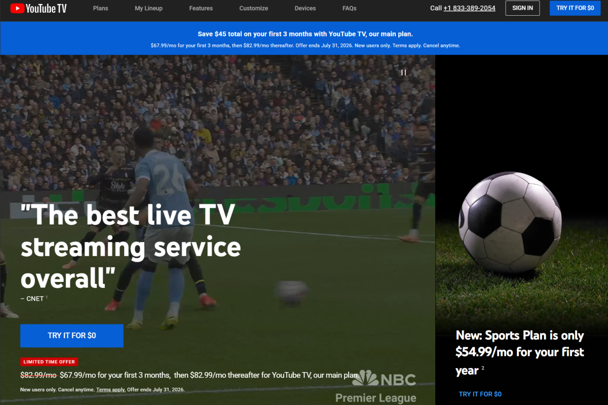 YouTube TV trial page