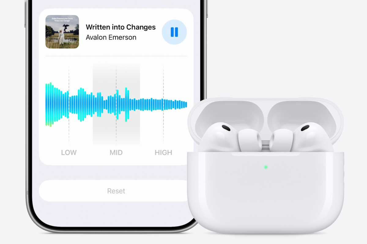 AirPods Pro next to an iPhone showing the AirPods equalizer in iOS 27