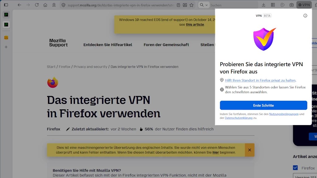 Gratis-VPN in Firefox ausprobieren