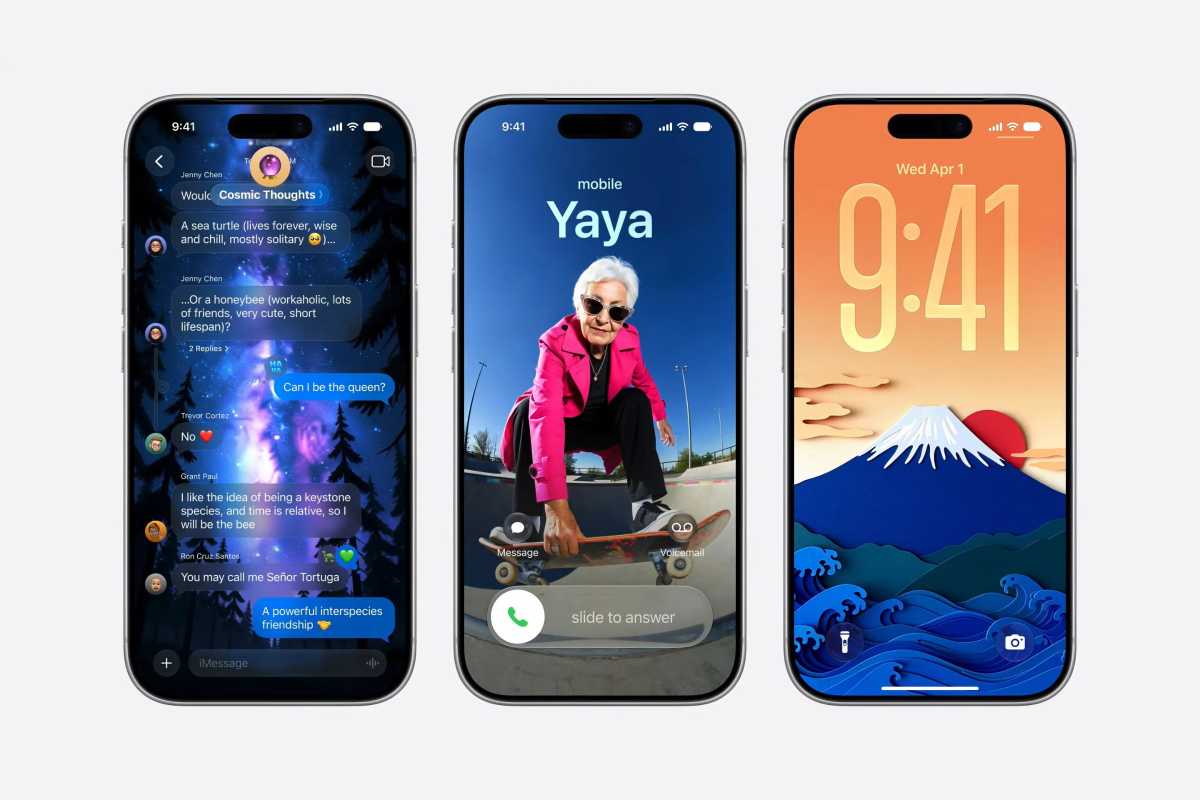 three iphone 17 pro phones showing iOS 27 screenshots