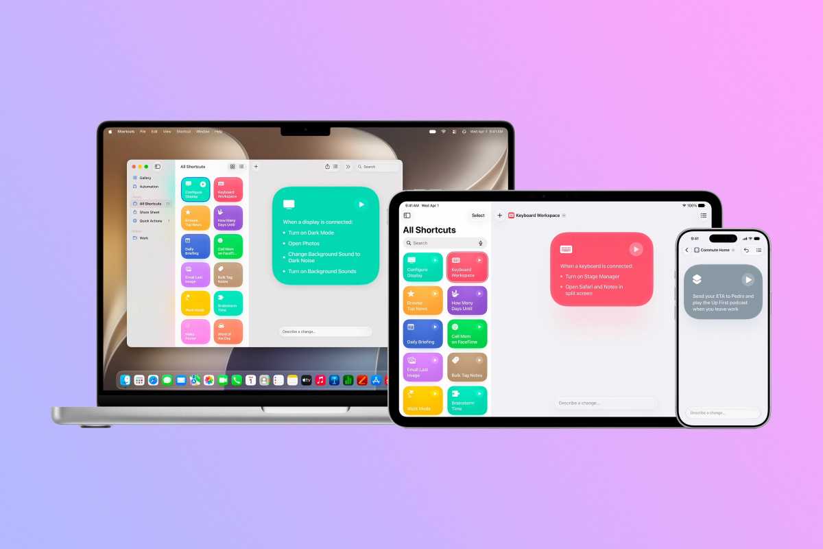 Shortcuts app on a Macbook, iPad, and iPhone running OS 27