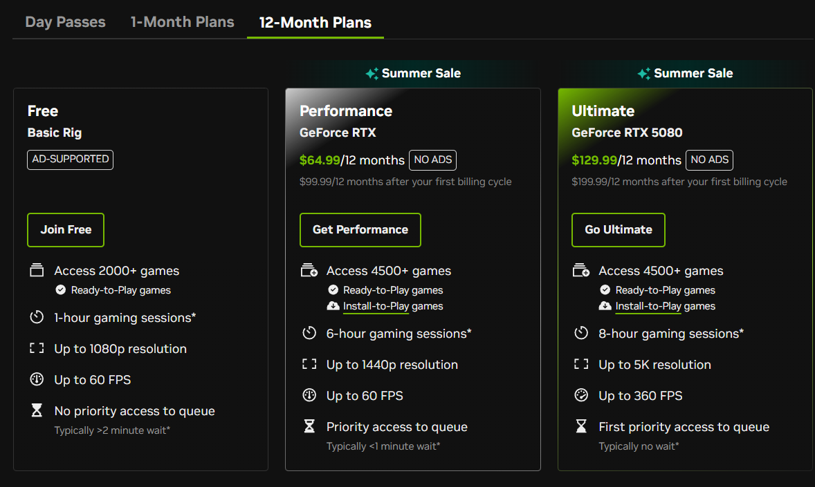 GeForce Now price tiers summer sale