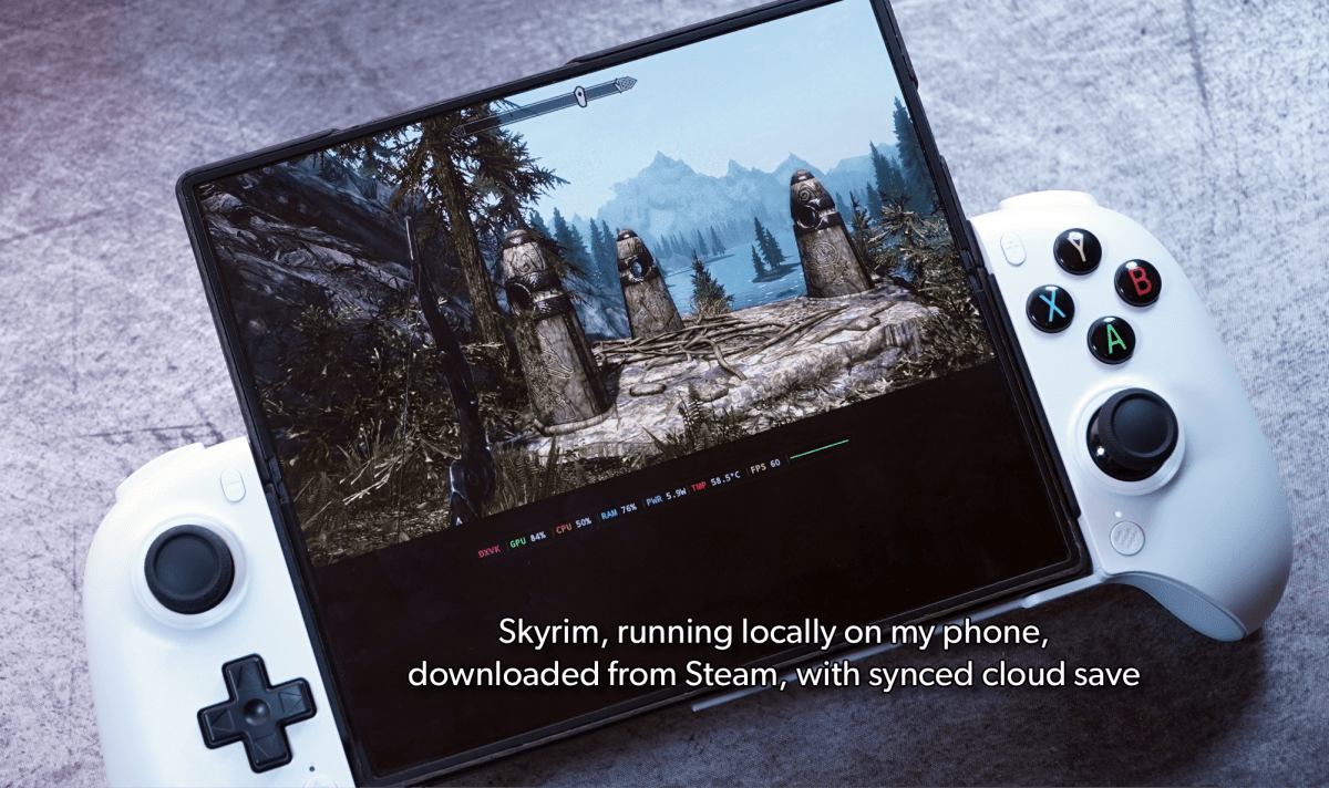 Skyrim running on a phone with a Bluetooth controller
